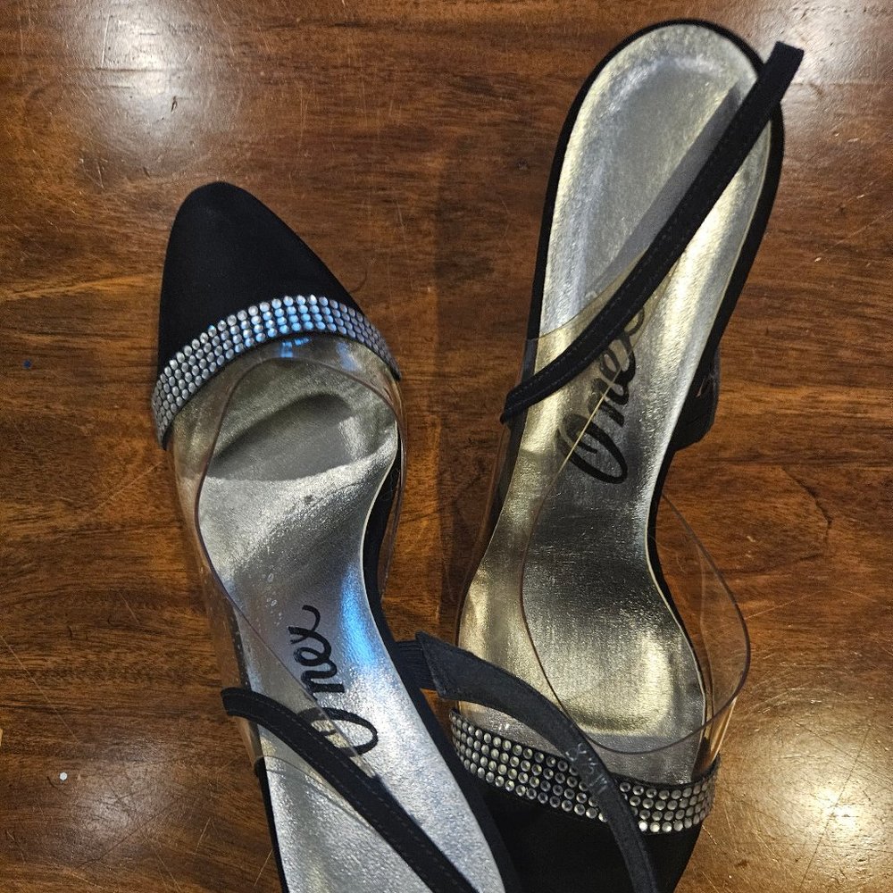 Onex Portofino Black Satin Rhinestone Slingback Stilleto